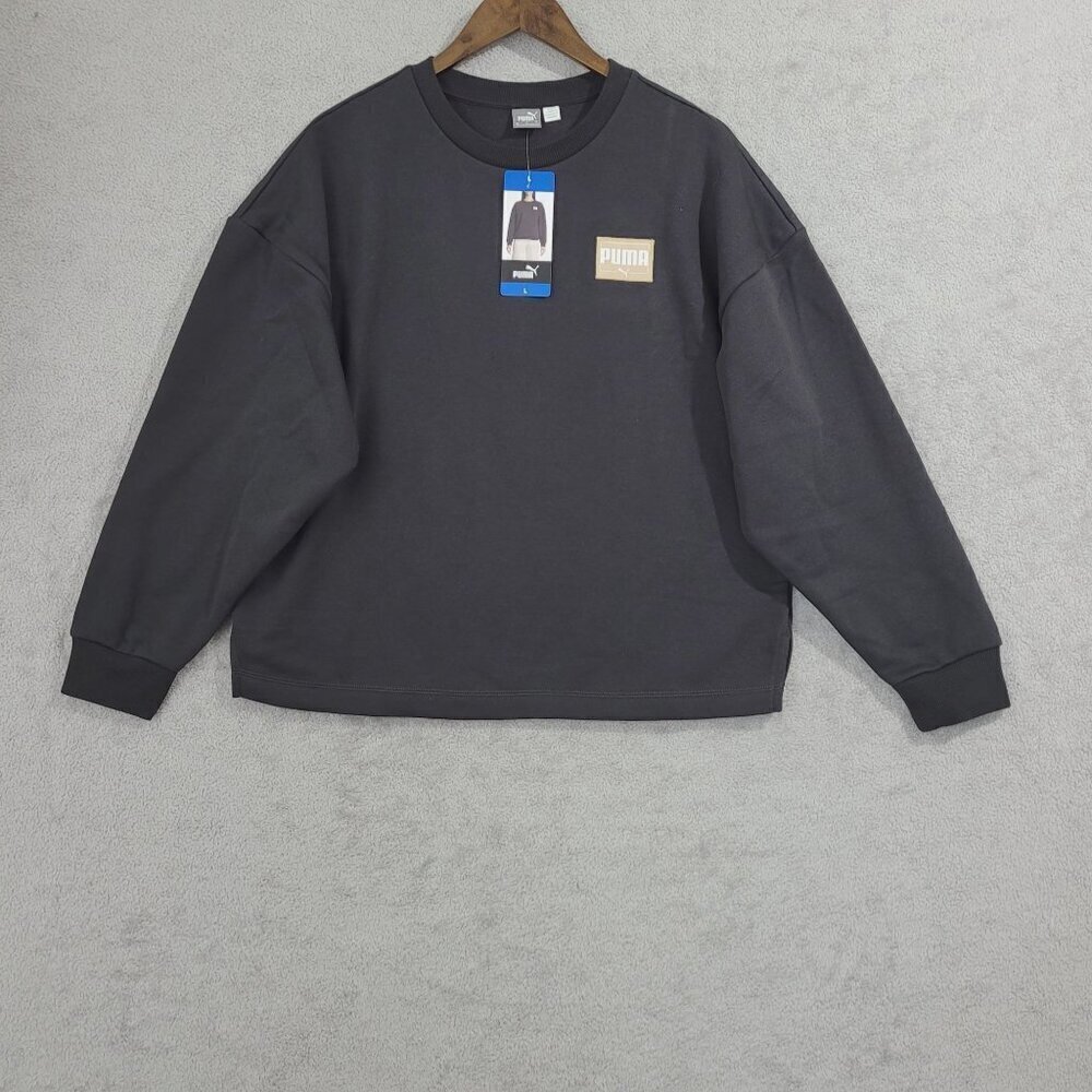 NEW Puma Women's L Crewneck Sweatshirt Black Beige Logo Cotton Blend Casual